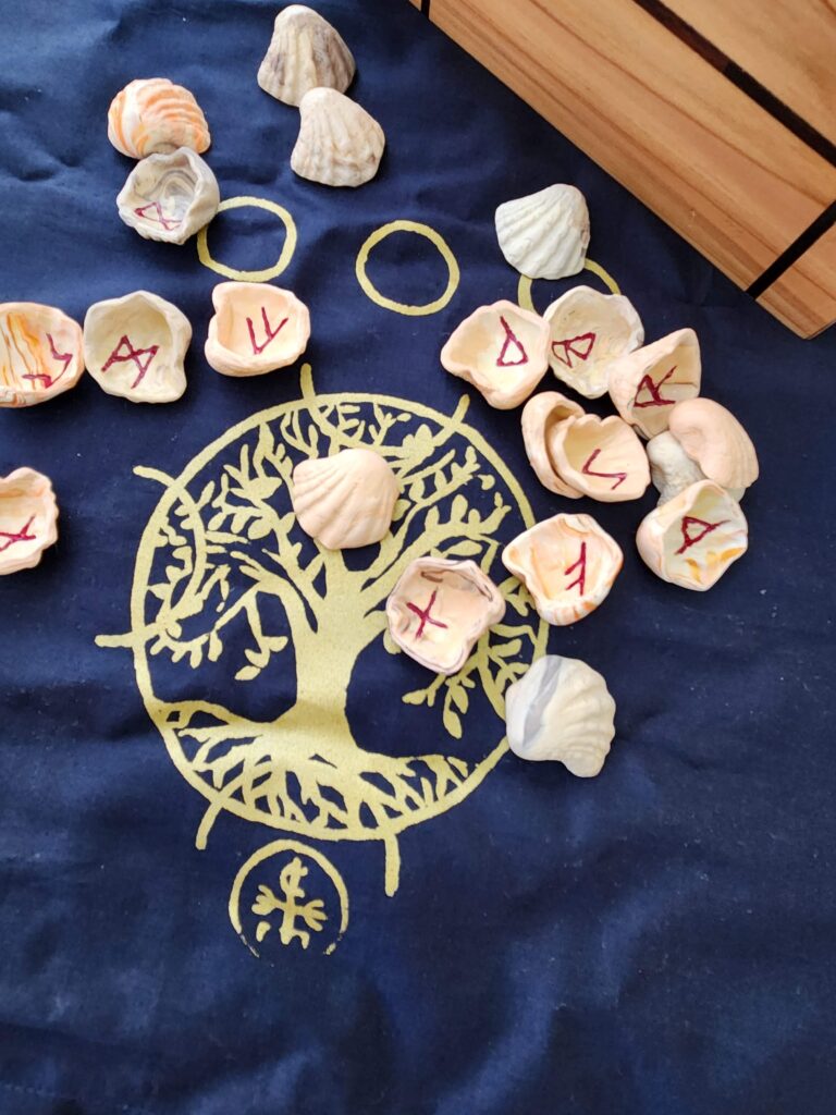 Runes on shell, cloth printing Life Tree.