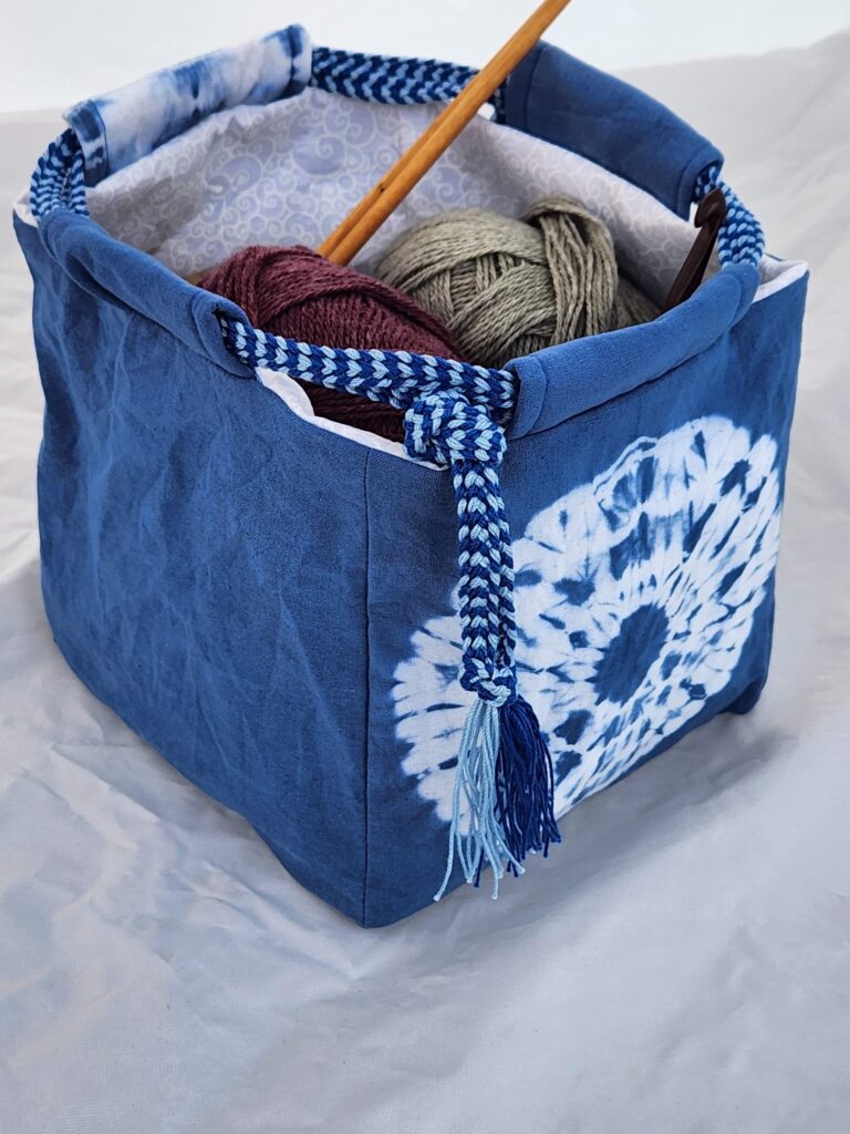 komrbukuro bag knitting project cotton fabric indigo blue kimuhimo cord