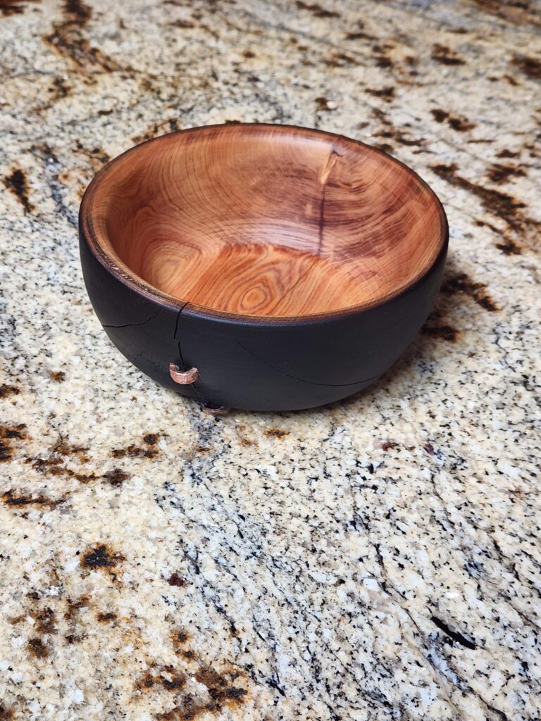 wooden bowl, joint, butterfly joint, juniper, copper