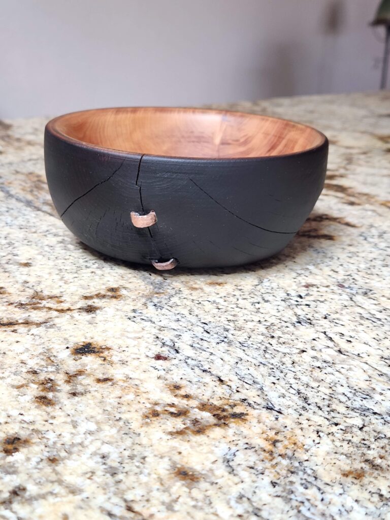 wooden bowl, juniper turning, copper, butterfly joint