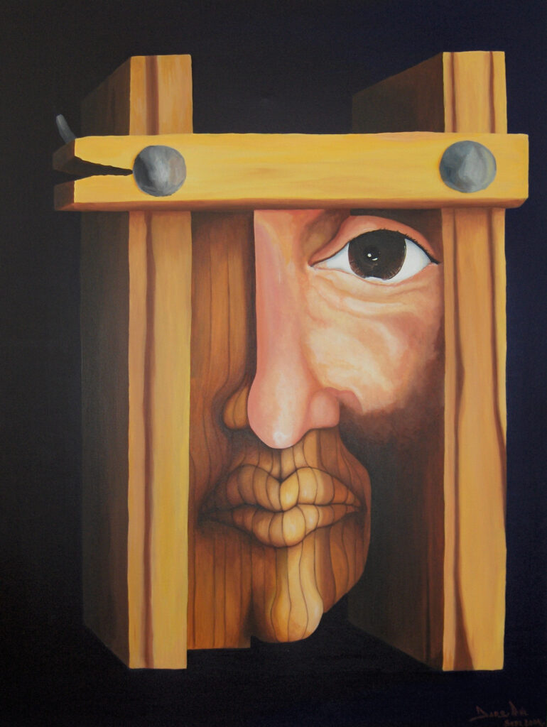 Painting with acrylic on canvas. Wood face, never smile. 36" x 48", 91.50 cm x 122.0 cm